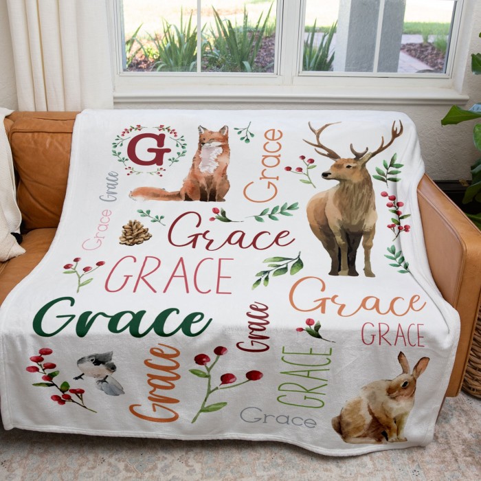 Custom Name Blanket With Woodland Animals, Personalizable Couch Throw, Winter Animals Nursery Decor, Baby Blanket, Christmas Gift