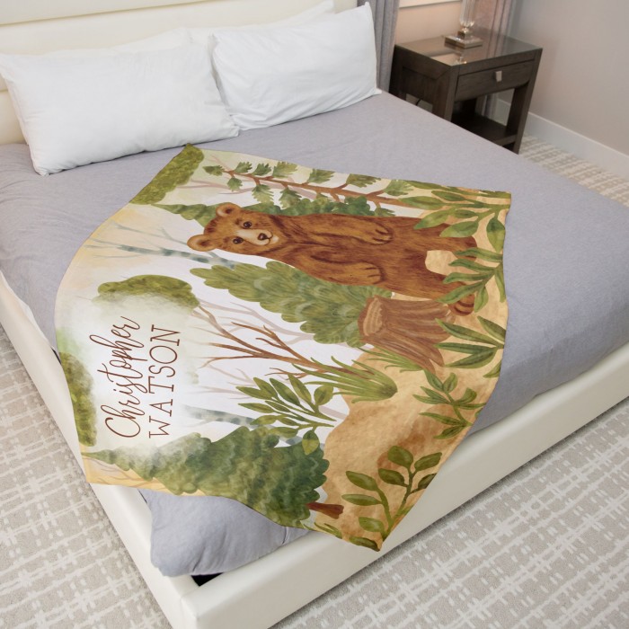 Custom Woodland Baby Blanket, Watercolor Bear Nursery Decor, Personalizable Couch Throw, Teddy Bear Blanket, Baby Boy Blanket