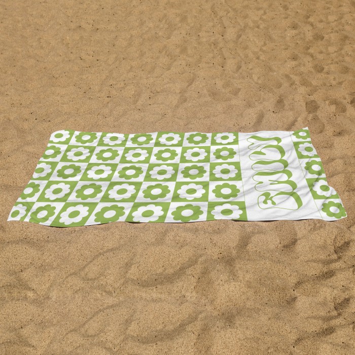 Personalized Vintage Floral 70 s Design, Retro Style Custom Name Beach Towel, Personalized Pool Towel, Vacation Birthday Gift, Bachelorette Party Favors