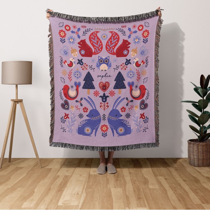 Personalized Christmas Folk Pattern Woven Tapestry, Scandinavian Art Blanket, Norwegian Swedish Sofa Throw, Woodland Animals, Christmas Gift