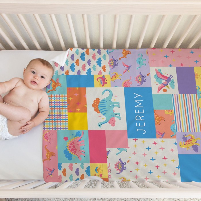 Dinosaur Name Blanket, Patchwork Style Kids Room Decor, Personalizable Couch Throw, Baby Shower Gift, Jurassic Print, Gift For Baby Boy