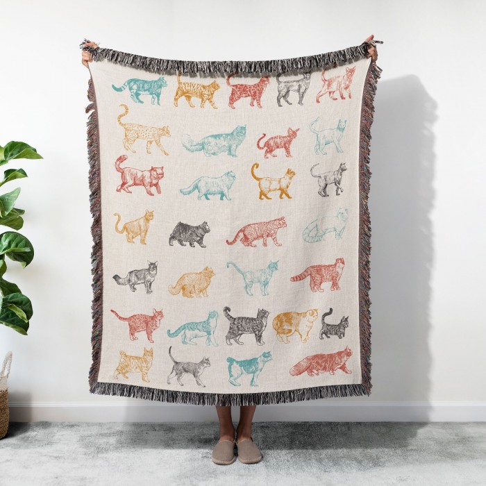 Cat Breeds Fringed Woven Blanket, Gift For Cat Lovers, Bohemian Animal Couch Throw, Present For Cat Mom/Cat Dad, Housewarming Gift