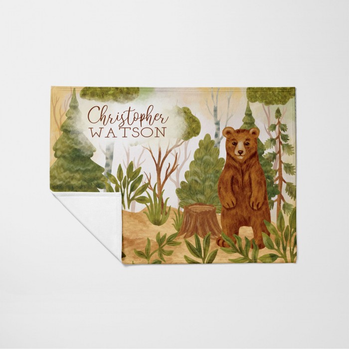 Custom Woodland Baby Blanket, Watercolor Bear Nursery Decor, Personalizable Couch Throw, Teddy Bear Blanket, Baby Boy Blanket