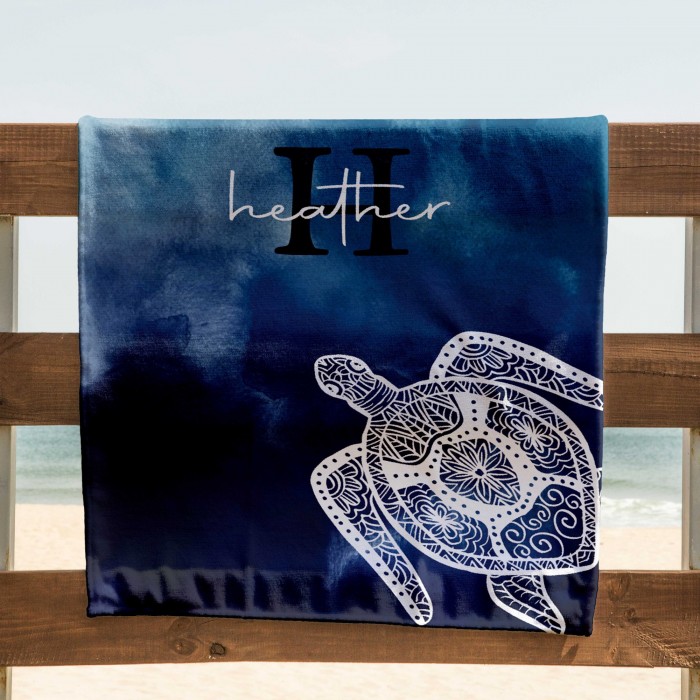Tie Dye Style Custom Name Beach Towel, Personalized  Mandala Turtle Design Pool Towel, Birthday Gift, Bohemian Style, Bachelorette Party