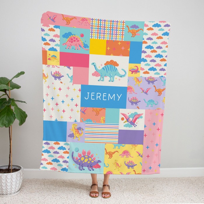 Dinosaur Name Blanket, Patchwork Style Kids Room Decor, Personalizable Couch Throw, Baby Shower Gift, Jurassic Print, Gift For Baby Boy