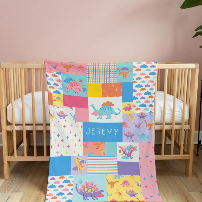 Dinosaur Name Blanket, Patchwork Style Kids Room Decor, Personalizable Couch Throw, Baby Shower Gift, Jurassic Print, Gift For Baby Boy
