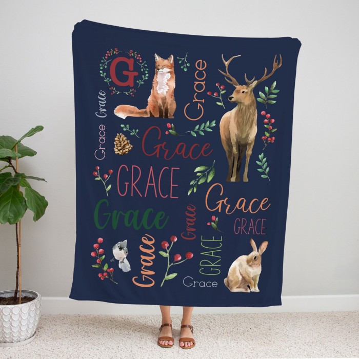Custom Name Blanket With Woodland Animals, Personalizable Couch Throw, Winter Animals Nursery Decor, Baby Blanket, Christmas Gift
