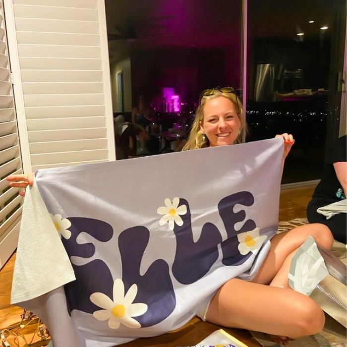 Personalized  Groovy 70 s Design, Retro Style Custom Name Beach Towel, Hippie Vintage Flowers, Personalized Pool Towel, Vacation Birthday Gift