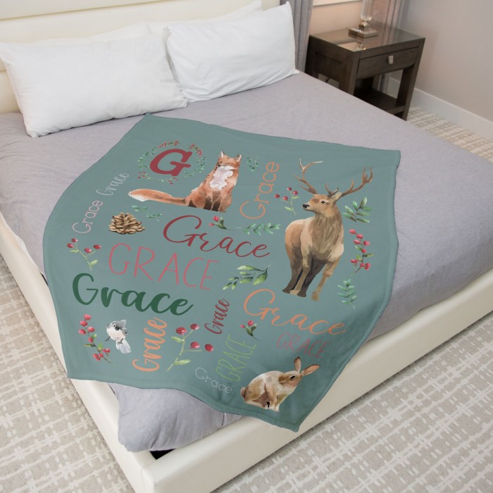 Custom Name Blanket With Woodland Animals, Personalizable Couch Throw, Winter Animals Nursery Decor, Baby Blanket, Christmas Gift