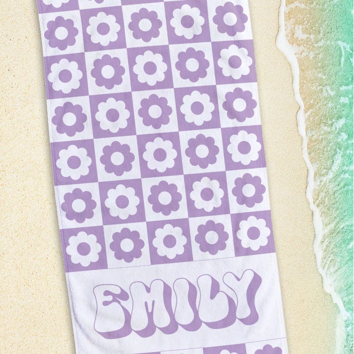 Personalized Vintage Floral 70 s Design, Retro Style Custom Name Beach Towel, Personalized Pool Towel, Vacation Birthday Gift, Bachelorette Party Favors
