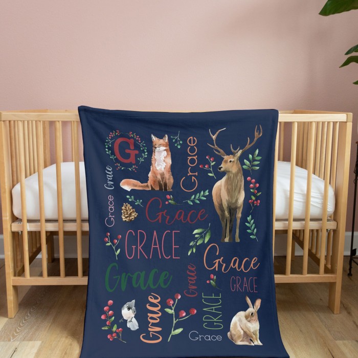 Custom Name Blanket With Woodland Animals, Personalizable Couch Throw, Winter Animals Nursery Decor, Baby Blanket, Christmas Gift