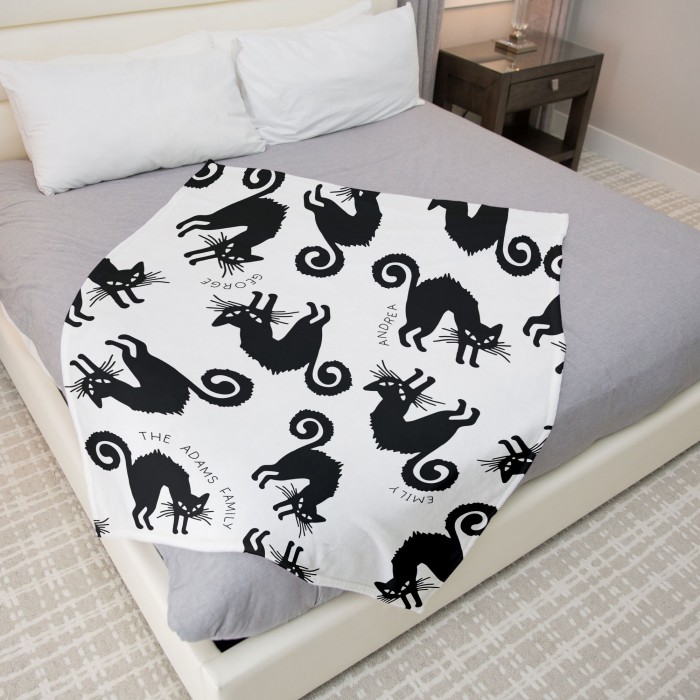 Personalized Couch Throw, Family Name Halloween Blanket, Black Cat Halloween Decor, Gift For Mom, Gift For Dad, Custom Handmade Home Decor