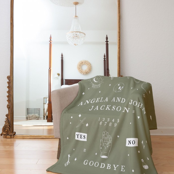 Custom Name Spirit Board Blanket, Gothic Halloween Decor, Halloween Gift, Personalized Couch Throw, Spooky Handmade House Decor