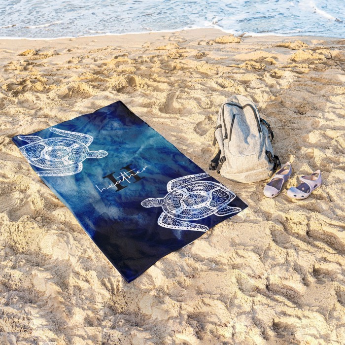 Tie Dye Style Custom Name Beach Towel, Personalized  Mandala Turtle Design Pool Towel, Birthday Gift, Bohemian Style, Bachelorette Party