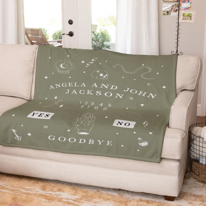 Custom Name Spirit Board Blanket, Gothic Halloween Decor, Halloween Gift, Personalized Couch Throw, Spooky Handmade House Decor
