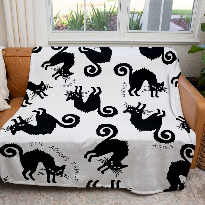 Personalized Couch Throw, Family Name Halloween Blanket, Black Cat Halloween Decor, Gift For Mom, Gift For Dad, Custom Handmade Home Decor