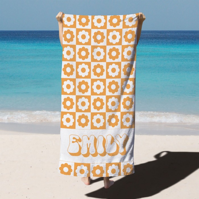 Personalized Vintage Floral 70 s Design, Retro Style Custom Name Beach Towel, Personalized Pool Towel, Vacation Birthday Gift, Bachelorette Party Favors