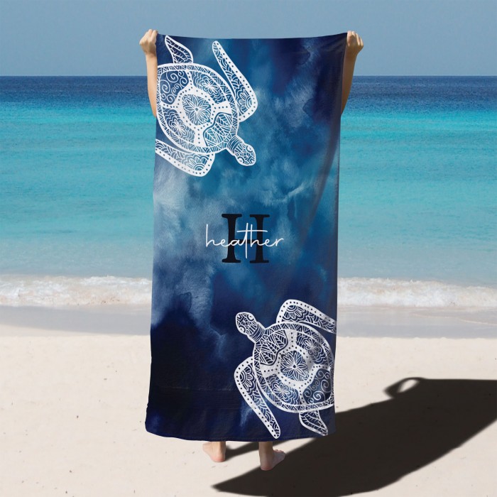 Tie Dye Style Custom Name Beach Towel, Personalized  Mandala Turtle Design Pool Towel, Birthday Gift, Bohemian Style, Bachelorette Party