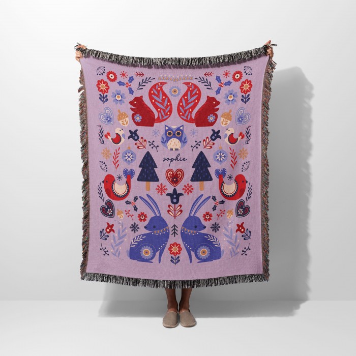 Personalized Christmas Folk Pattern Woven Tapestry, Scandinavian Art Blanket, Norwegian Swedish Sofa Throw, Woodland Animals, Christmas Gift