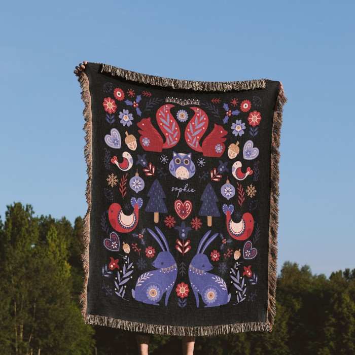 Personalized Christmas Folk Pattern Woven Tapestry, Scandinavian Art Blanket, Norwegian Swedish Sofa Throw, Woodland Animals, Christmas Gift