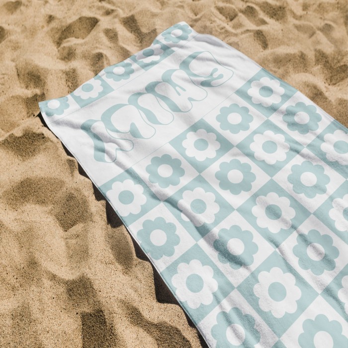 Personalized Vintage Floral 70 s Design, Retro Style Custom Name Beach Towel, Personalized Pool Towel, Vacation Birthday Gift, Bachelorette Party Favors