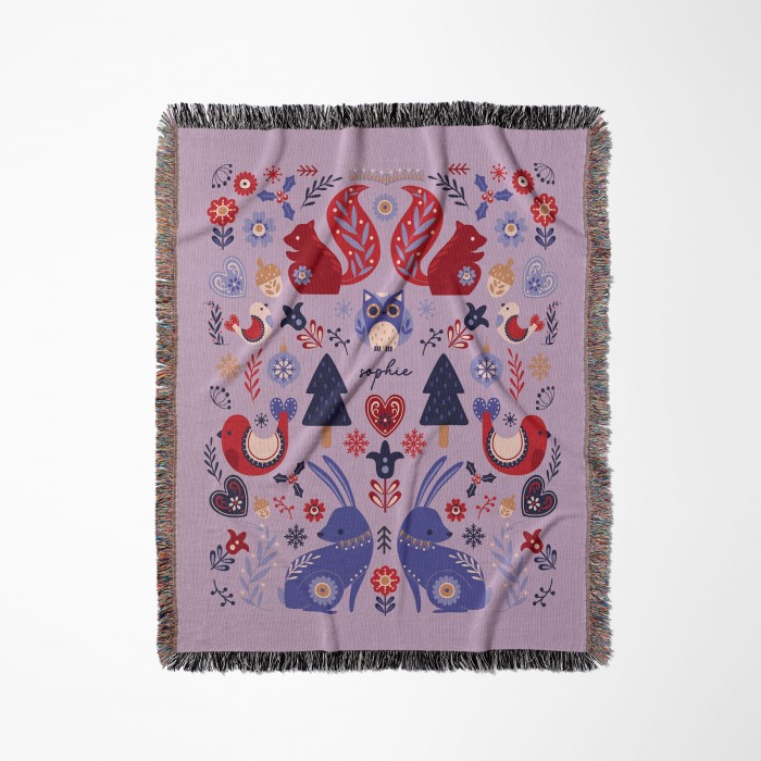 Personalized Christmas Folk Pattern Woven Tapestry, Scandinavian Art Blanket, Norwegian Swedish Sofa Throw, Woodland Animals, Christmas Gift