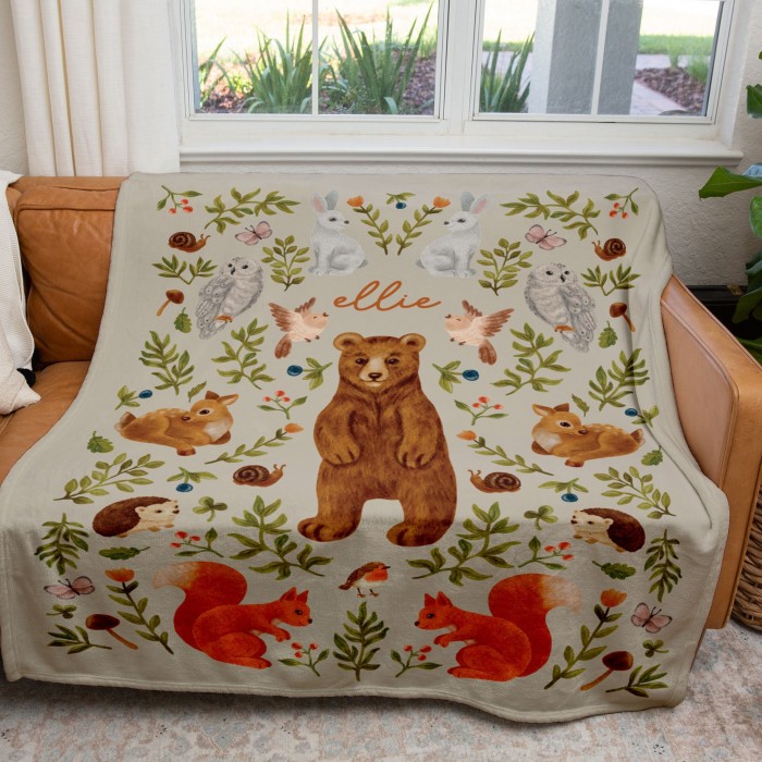 Woodland Animal Blanket With Name, Forest Creatures Nursery Quilt, Personalizable Couch Throw, Scandinavian House Decor, Baby Blanket
