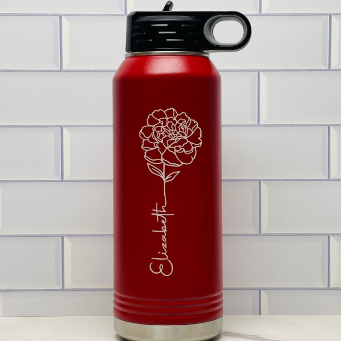 Birth Flower Water Bottle, Stainless Steel Insulated Bottle with Name Birth Flower Water Bottle, Stainless Steel Insulated Bottle with Name