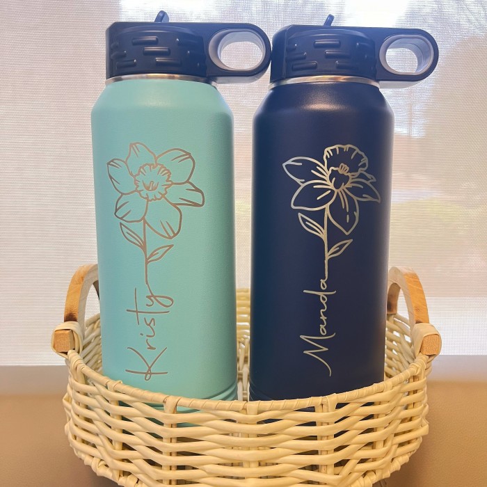 Birth Flower Water Bottle, Stainless Steel Insulated Bottle with Name Birth Flower Water Bottle, Stainless Steel Insulated Bottle with Name