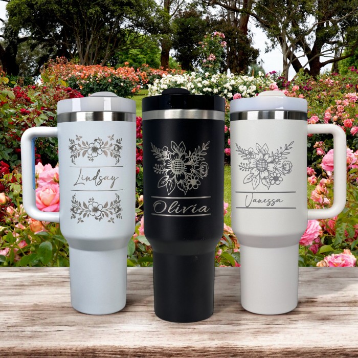 Personalized Logo 40oz Handle Tumbler With Name,  Custom Tumbler Lid Straw, Steel Laser Engraved, Bulk Handle Tumbler Christmas Gift