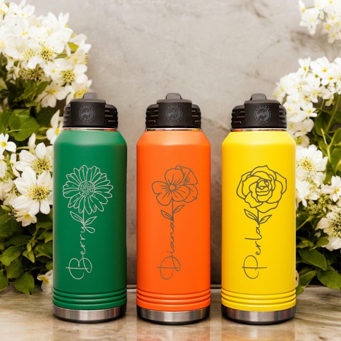 Birth Flower Water Bottle, Stainless Steel Insulated Bottle with Name Birth Flower Water Bottle, Stainless Steel Insulated Bottle with Name