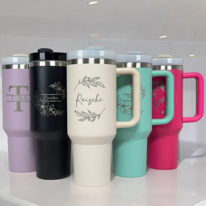 Personalized Logo 40oz Handle Tumbler With Name,  Custom Tumbler Lid Straw, Steel Laser Engraved, Bulk Handle Tumbler Christmas Gift