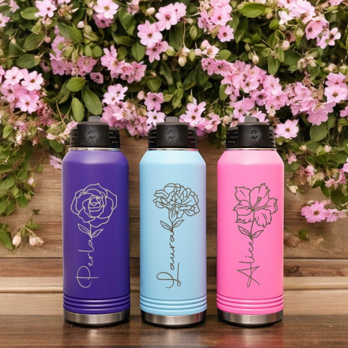 Birth Flower Water Bottle, Stainless Steel Insulated Bottle with Name Birth Flower Water Bottle, Stainless Steel Insulated Bottle with Name
