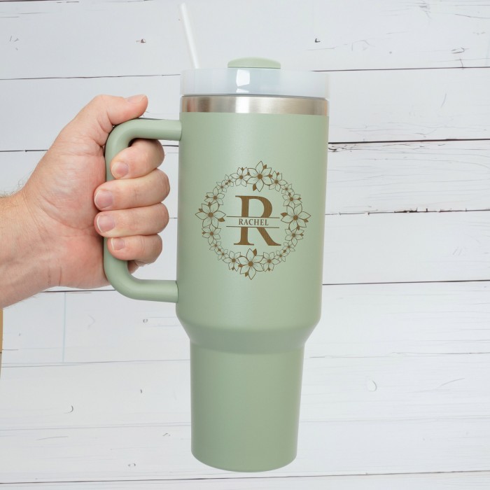 Personalized 40oz Tumbler with Handle & Straw, Custom Monogram Name Engraved Cup, 40 oz Travel Mug, Personalized Gift for Christmas Her