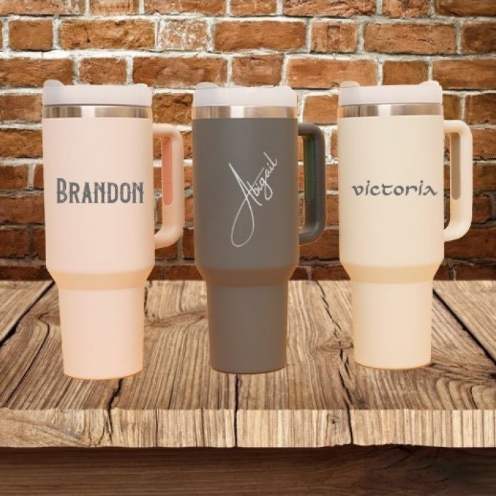 Personalized Laser Engraved 40oz Insulated Tumbler, Custom Logo Name Travel Tumbler With Rubber Handles, Hot Cold Mug With Straw, 40 Oz Mug