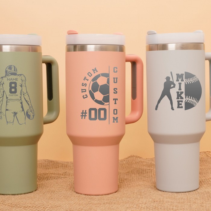 Personalized Laser Engraved 40oz Insulated Tumbler, Custom Logo Name Travel Tumbler With Rubber Handles, Hot Cold Mug With Straw, 40 Oz Mug
