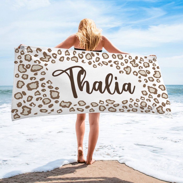 Personalized Leopard Beach Towel, Custom Name Pool Towel, Personalized Bath Towel, Leopard Beach Towel, Bride Beach Towel, Tiger Towel
