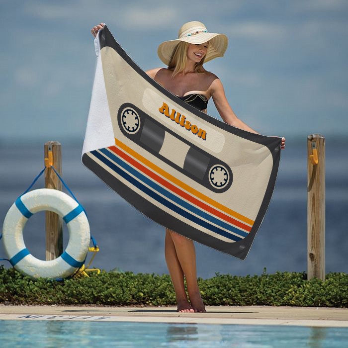 Custom Name Vintage Beach Towel, Personalized Retro 70 s 80 s 90 s Beach Bath Pool Towel, Bride Towel, Anniversary Gift, Soft Beach Towel