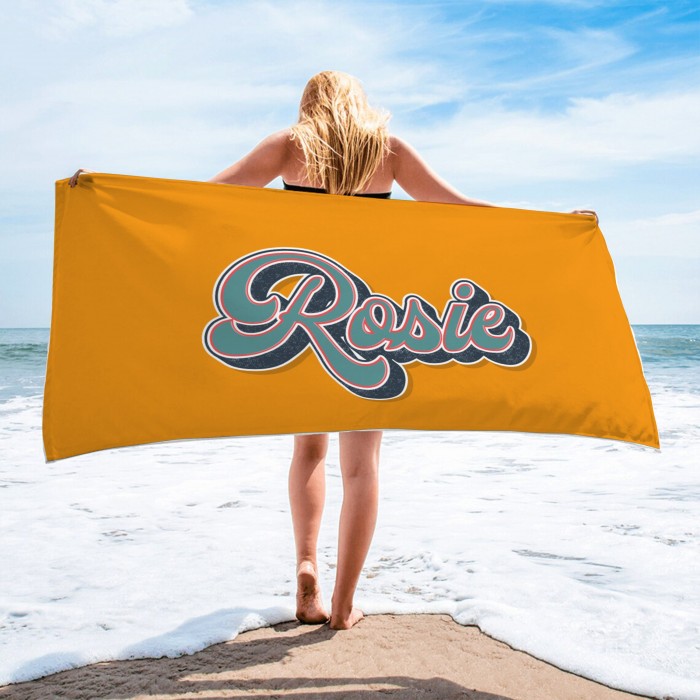 Personalized Vintage Bath Pool Towel, Custom Retro Style Beach Towel with Name, Bride Bachelorette Towel, Anniversary Gift, Groovy 70 s