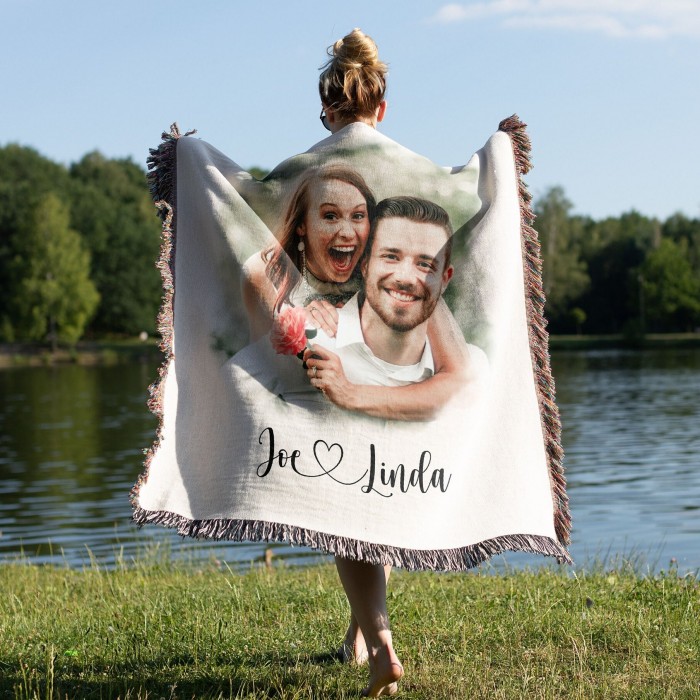 Custom Portrait Blanket, Personalized Photo Blanket with Drawing, Watercolor Drawing, Anniversary, Couple Gift, Wowen Blanket