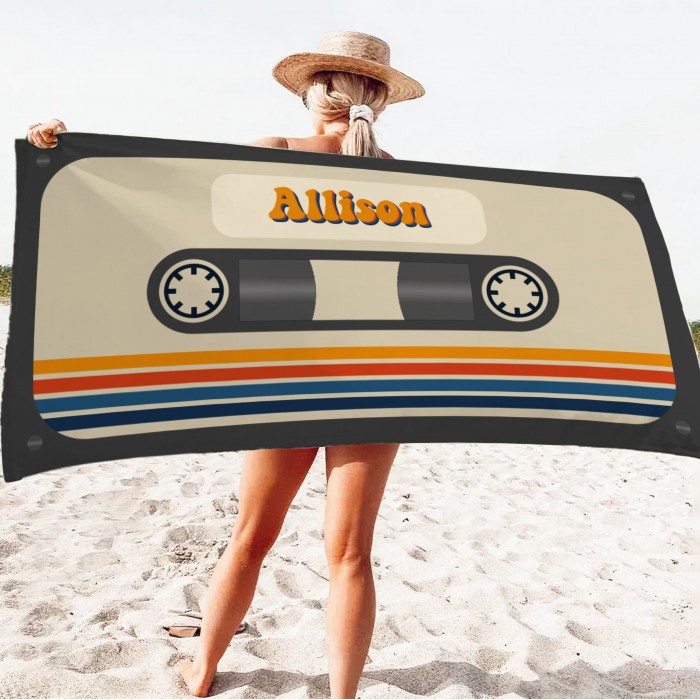 Custom Name Vintage Beach Towel, Personalized Retro 70 s 80 s 90 s Beach Bath Pool Towel, Bride Towel, Anniversary Gift, Soft Beach Towel