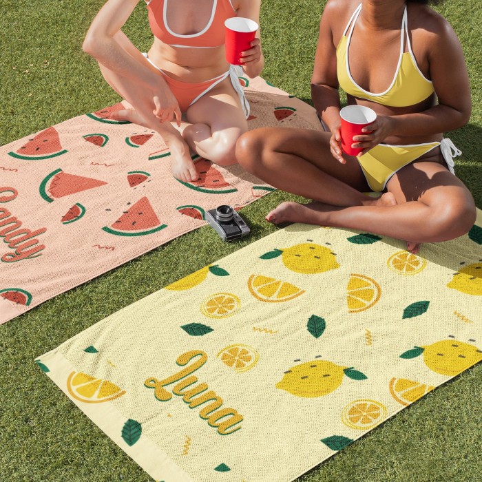 Custom Name 6 Fruits Beach Towel, Personalized Colorful Bath Pool Towel, Bride Bachelorette Towel, Vacation Gift