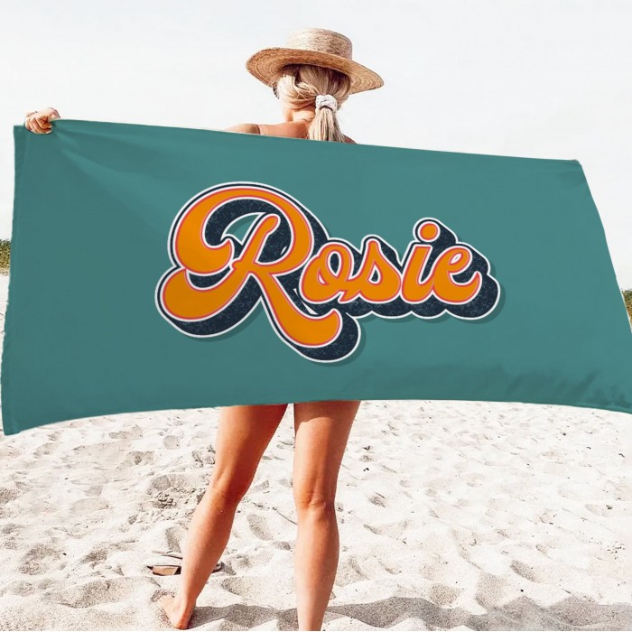 Personalized Vintage Bath Pool Towel, Custom Retro Style Beach Towel with Name, Bride Bachelorette Towel, Anniversary Gift, Groovy 70 s