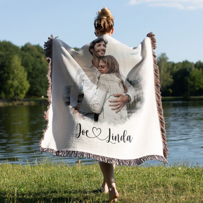 Custom Portrait Blanket, Personalized Photo Blanket with Drawing, Watercolor Drawing, Anniversary, Couple Gift, Wowen Blanket