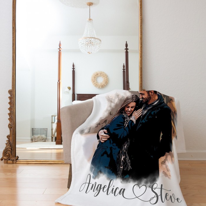 Personalized Photo Blanket with Drawing, Custom Portrait Blanket, Watercolor Drawing, Anniversary, Couple Gift, Fleece/Sherpa/Minky