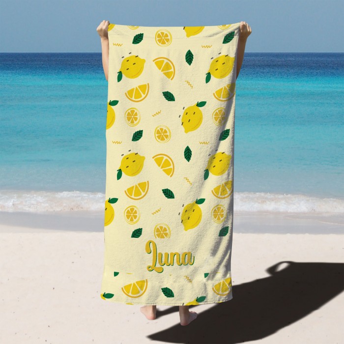 Custom Name 6 Fruits Beach Towel, Personalized Colorful Bath Pool Towel, Bride Bachelorette Towel, Vacation Gift