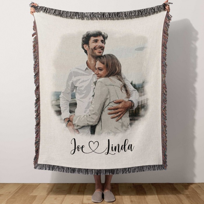 Custom Portrait Blanket, Personalized Photo Blanket with Drawing, Watercolor Drawing, Anniversary, Couple Gift, Wowen Blanket