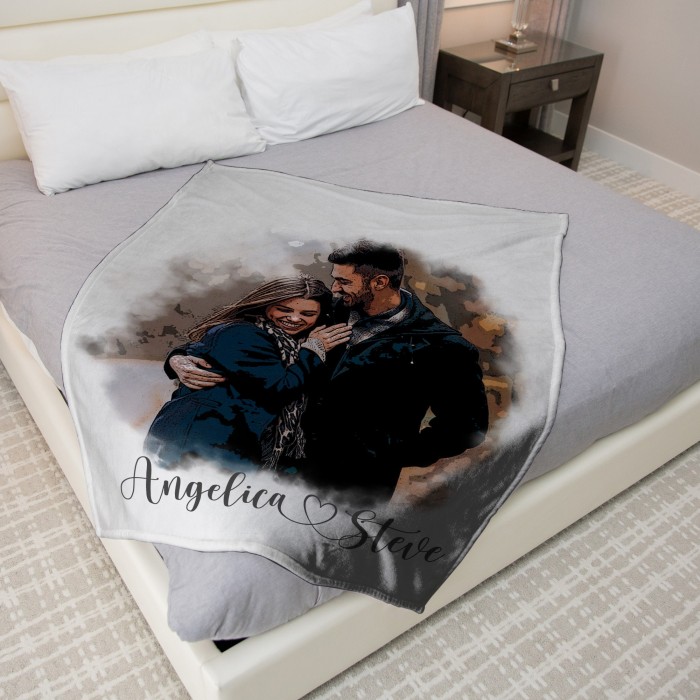 Personalized Photo Blanket with Drawing, Custom Portrait Blanket, Watercolor Drawing, Anniversary, Couple Gift, Fleece/Sherpa/Minky