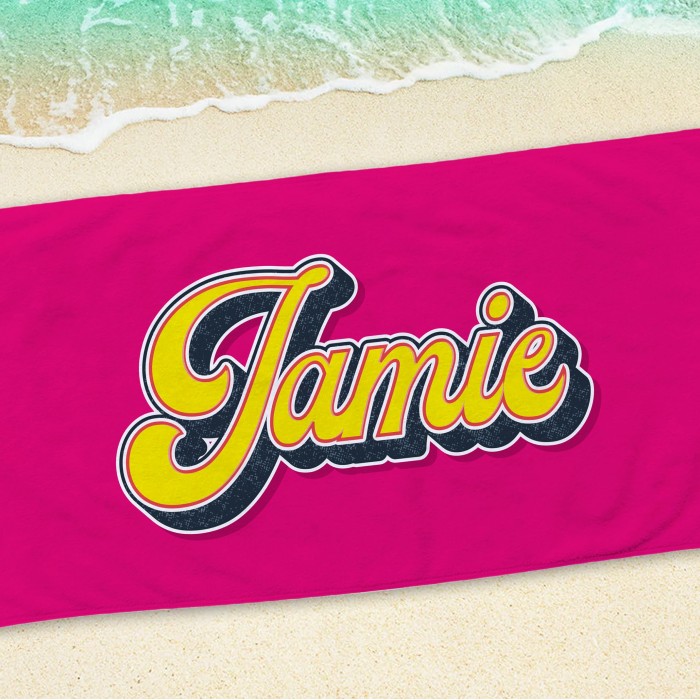 Personalized Vintage Bath Pool Towel, Custom Retro Style Beach Towel with Name, Bride Bachelorette Towel, Anniversary Gift, Groovy 70 s