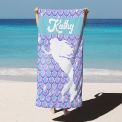 Custom Cute Mermaid Pool Towel, Personalized Mermaid Beach Towel, Customized Marine Beach Towel, Custom Bath Towel for Kids, Starfish Beach Towel